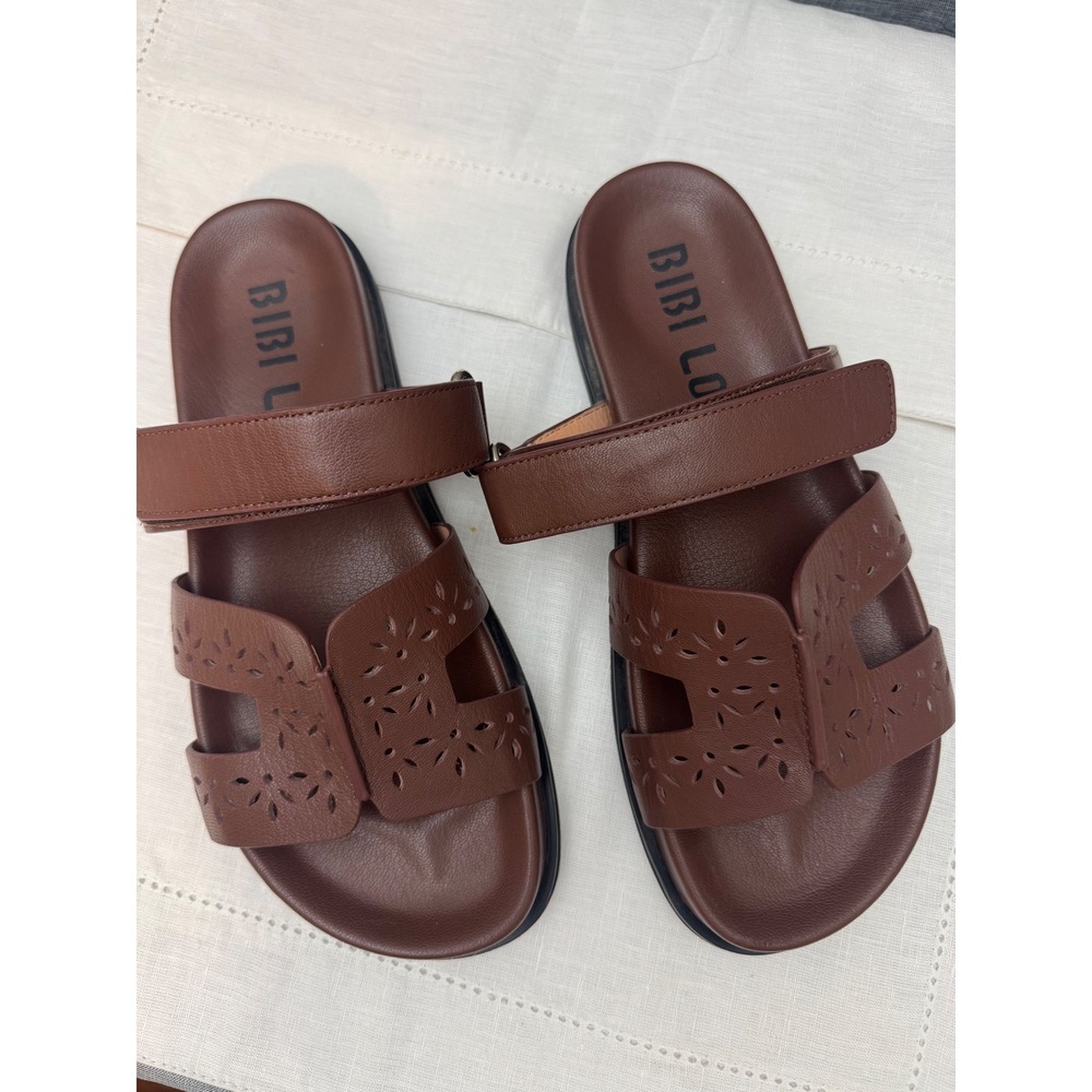 Bibi Lou Brown Leather Cut Slide Sandals Women 38 Flat 80132772 Spain size 7.5 8
